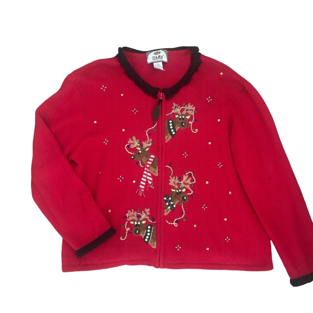 Vintage Y2K Tiara International – Christmas Reindeer Cardigan – Red - XL